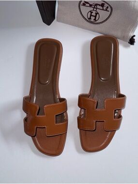 Hermes Tan Slide Sandals